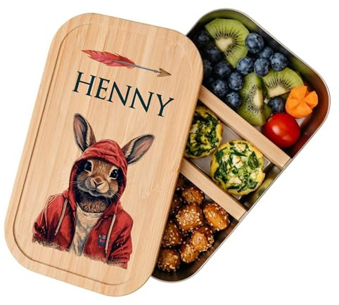 Manufaktur Liebevoll - Personalisierte Brotdose mit Fächern, Edelstahl Lunchbox mit Bambus Deckel u. Trenner, Nachhaltige Brotbüchse | Mädchen, Jungen (Motiv Hase, Edelstahl | Größe M)