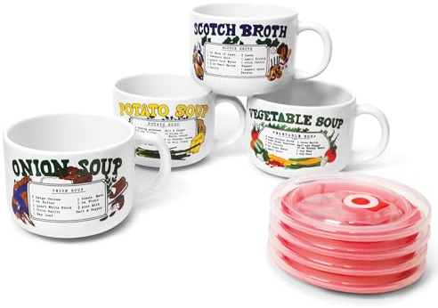 Old & Bold - 4 Suppenschalen mit Deckel, 765 ml, Retro-Suppenrezept, Keramikbecher mit belüfteten Deckeln und Griffen, Version 2, mikrowellen- und spülmaschinenfest, für Suppe, Instant-Nudeln, Müsli