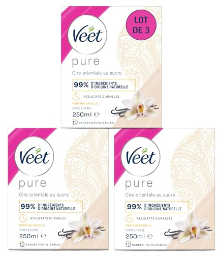Veet PURE - Cire Chaude au Sucre et Vanille - Epilation Sans Bande - Lot de 3 x 250ml