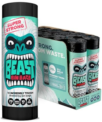 BEAST BIN BAGS, 10 Rolls of 10 x 70 Litre Bags (Total 100 Bags) - Made From 100% Recycled LLDPE - Incredibly Strong Drawstring Black Bin Bags