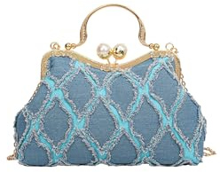 CORIOS Damen Jeans Abendtasche Strass Clutch Hochzeit Brautbörse Handtasche Perle Klein Tasche Glänzend Diamant Schultertasche Elegante Kette Umhängetasche Blau