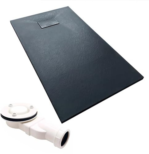 KOLMAN Duschwanne 100x80 cm Rechteck, Schwarz, Komposit, Flach, Steinoptik, Ablaufgarnitur Ø 90 mm, Design-Duschtasse Rechteckig VIDAR SLIM