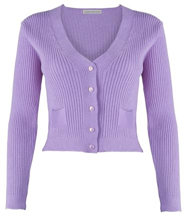 New Ladies Women Long Sleeve V-Neck Knitted Cropped Cardigan Top Sweater with Small Pockets and Buttons