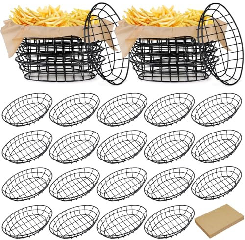 Hushee 24 Pcs Black Wire Bread Basket with 100 Sheets Deli Wrappers Paper 9.5 x 6.2 x 2.2 Inches Metal Bread Box Oval Metal Dinner Roll Baskets Storage for Kitchen Table Fast Food