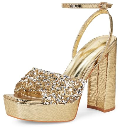 Zhabtuc Sandali da Donna con Tacco Alto Texture Lucertola Tacco 12 cm Cinturino alla Caviglia Peep Toe Strass Abbellimento, oro, 39 EU