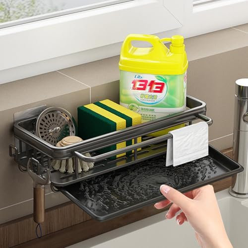 Koolkasa Küche Spülbecken Organizer mit Abflusspfanne, Küchen Schwammhalter Spüle Organizer mit Spültuchhalter und Zwei Haken，Metalle Hängender Küchenorganizer Badezimmer - Ohne Bohren (Schwarz)