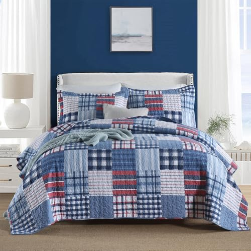 VISIMISI Tagesdecke 240x260cm Bettüberwurf Bettwäsche Set 250X270cm Baumwolle Bettdecke mit 2 Kissenbezüge, Europäischer Mittelmeer Stil Gesteppte für Doppelbett (Karomuster Blau weiß, 250x270cm)