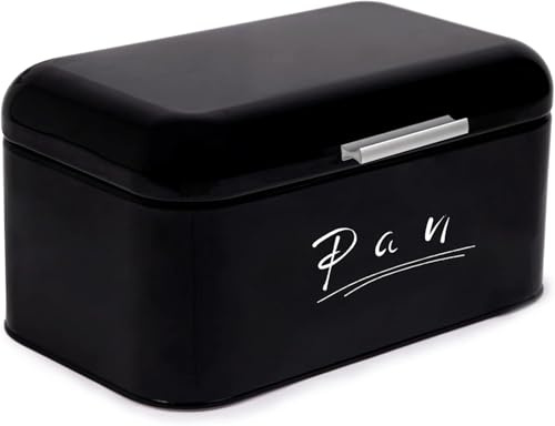 Madera Nieve Panera de metal resistente | Cubierta abatible de fácil apertura | Ideal para almacenar pan y mantenerlo fresco por más tiempo | Diseño retro para cocina (Negro-tapa de Metal)