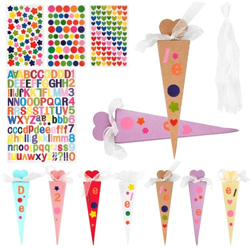 53 Stück Geschwisterschultüte,Zuckertüte zum Befüllen,Schultüte Klein zur Einschulung und Schulanfang Deko,Geschenkboxen DIY mit Aufklebern Band,Faltbare Schultüte für die Einschulung zum Schulanfang