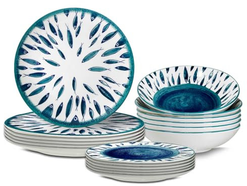 ARCA, Set 18 Piatti in Porcellana Collezione Fish, Servizio Tavola per 6 Persone con Piatti Piani, Fondi e da Dessert, Design Estivo Colorato