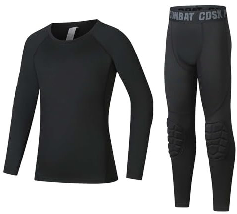 Echinodon Jungen Sportunterwäsche mit Knieschützer Kinder Funktionsunterwäsche Set für Fußball Training Schwarz 30
