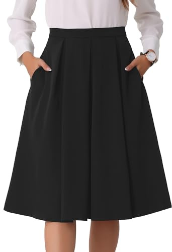 Allegra K Jupe Trapèze Taille Haute Femme Jupe Midi Plissée Évasée avec Poche Jupe en Mousseline de Soie Jupe A Line de Bureau Noir M