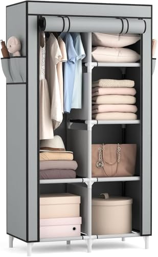 Vicye Armadio Migliorare l'utilizzo dello spazio, Guardaroba in Tessuto, Armadio Pieghevole per Camera da Letto, 1 Barra Appendiabiti, 6 Ripiani e 4 Tasche Laterali, 84 x 42 x 162 cm, grigio