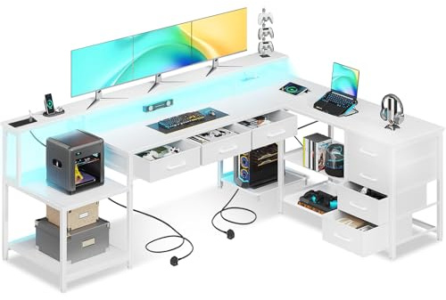 Coleshome 199.5x145.5 cm Corner Desk with 7 File Drawers, L Shaped Desk with 2 Power Outlets & LED lights, Home Office Desks with Storage Shelves, Reversible Computer Table with Monitor Shelf, White