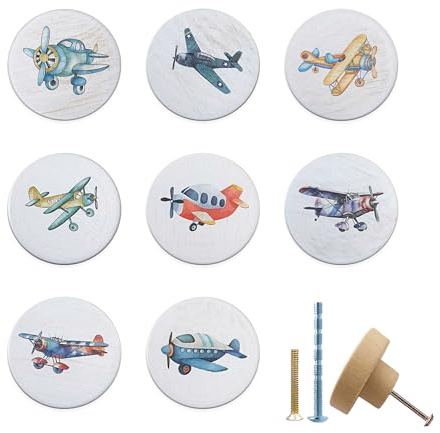 Lasyman 8 Pack Airplane Biplane Wooden Cabinet Drawer Knob 1-4/5inch Vintage Unique Room Door Furniture Dresser Drawers Handle Pulls and Knobs