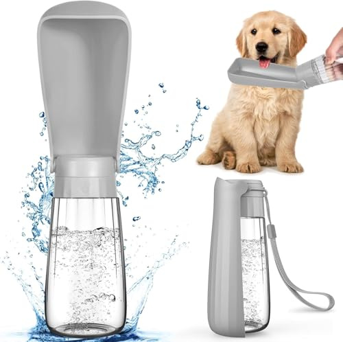MTINRNI Hundetrinkflasche 550ml faltbar,150° Trinkwinkel für Hunde Grau | Auslaufsichere Wasserflasche,lebensmittelechtes PET,mit Tragegurt & Rücklaufventil,ideal für Spaziergang Reise Camping.