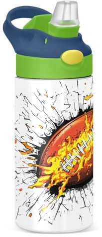 JUMBEAR Bouteille d'eau 3D pour enfants avec couvercle à paille, motif rugby, 350 ml, bouteille d'eau isotherme en acier inoxydable pour garçons et filles
