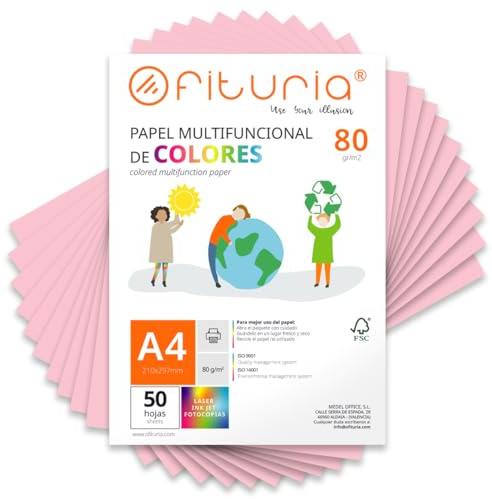 OFITURIA Folios de Colores A4 80gr, Pack 50 Hojas – Papel Rosa Claro para Manualidades, Impresora y Scrapbooking – Folios A4 Colores – Ideal Origami, Oficina y Escuela (Rosa Claro)