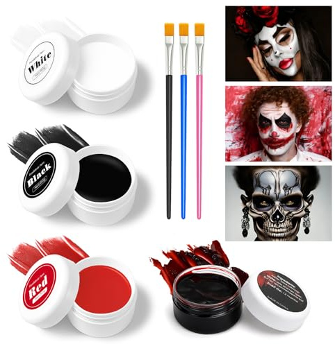 Ecoret-Pro Halloween Schminke Set für Erwachsene Kinder, Halloween Make Up Schwarz Weiß Rot mit 3 Pinsel und Zähflüssiges Kunstblut für Clowns Vampire Zombie Skelett Schminke