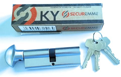 Cilindro Europeo Securemme KY, Chiave-Pomolo, 45-45 mm, Cromo Satinato, 3 Chiavi Porte Blindate con serratura con profilo Europeo, Infissi, Porte in Legno con serrature per cilindro europeo