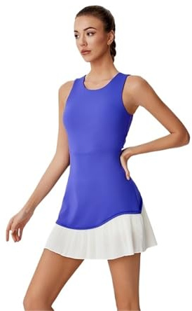 GOXQIT Tennis Dress Plissiertes Damen-Tenniskleid, Sommer, Rückenausschnitt, aushöhlen, Damen-Sportkleid, Fitnessstudio, Badminton-Kleid Für Damen(Deep Blue,L)