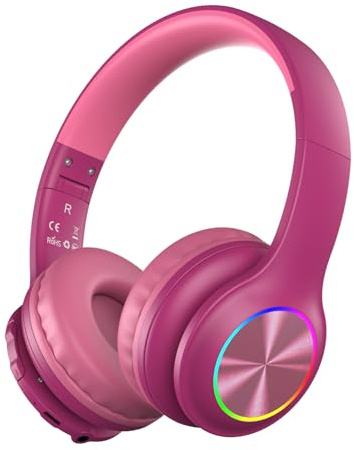 Candy Bila Kids Bluetooth 6.0 Headphones with LED Light, 85Hours Playtimes, Type-C Fast Charging, 85/94dB Volume Limited, Comfort Wireless Headphones with Built-in Mic, Wired & TF Card Mode, Hot Red