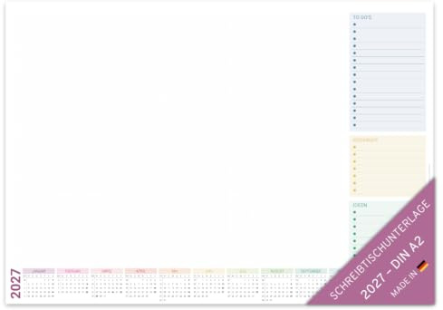 PuK Schreibtischunterlage mit Kalender 2027 bunt | DIN A2 | 25 Blatt zum Abreißen mit praktischen Listen | optional Kantenschutz | Schreibtischunterlage Papier A2 Kalender 2027