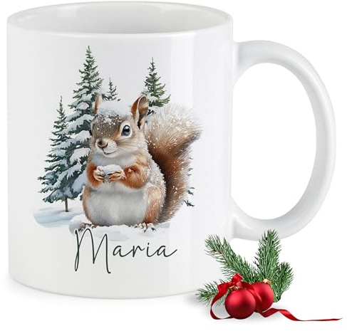 GRAZDesign Personalisierte Weihnachtstasse Eichhörnchen mit Namen Winter Becher Keramik 330ml - Eichhörnchen