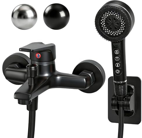 Grifo de Bañera con 4 Funciones Alcachofa de Mano Grifo Bañera Mezclador Monomando en Pared Grifería para Bañera con 1,5M Manguera y Soporte Mezclador de Baño (Negro Set)
