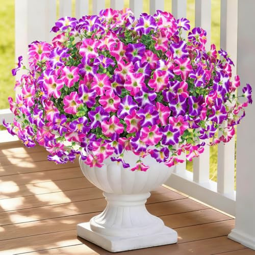 Weldomcor Artificial Morning Glory Flowers, Fuchsia Purple, 12 Bundles | UV Resistant, Fake Silk, Faux Greenery Plastic Petunia, Spring Summer Decor, For Front Door Planter Porch Patio