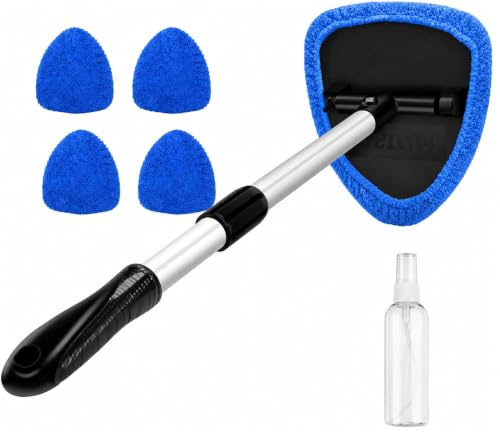 SELMORA Car Windscreen Cleaner Tool with Extendable Handle, Interior Glass Cleaning Wand Kit, Includes 4 Reusable Washable Microfiber Pads, Windshield & Window Wiper for Cars, Vans & SUVs