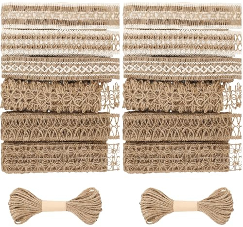 COEWUR 14 Rollen Vintage Juteband Natur Jute Bastelband Spitzenband Geschenkband Boho Juteband mit Spitze Geschenkbänder Sackleinenband Jute Band für Hochzeit Deko, Geschenkverpackung, DIY Basteln