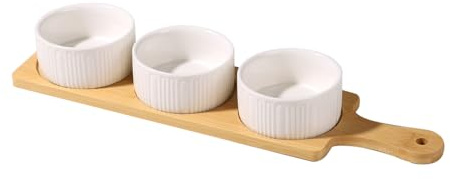 Tanggaogao 3 Piece Ceramic Dip Bowl Set with Bamboo Tray - 8.8cm White Ribbed Snack & Appetiser Dishes - Serving Bowls for Sauces, Nuts, Tapas, Dips - Dishwasher Safe Gift Set for Entertaining