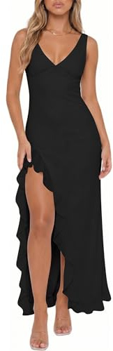 Xiaoliny Vestito Donna Elegante Senza Maniche Scollo a V Maxi Abito con Volant e Spacco Estivo Vestiti Lungo in Rete Sexy Aderente Abiti Schiena Scoperta per Cerimonia Casual Festa Matrimonio