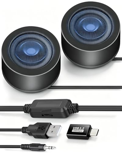 YANBORONSN Mini datorhögtalare för skrivbord, 6 W, liten 3,5 mm PC-högtalare, mini-USB-driven PC-högtalare med USB C-adapter och skärmvolymkontroll (1,3 m)