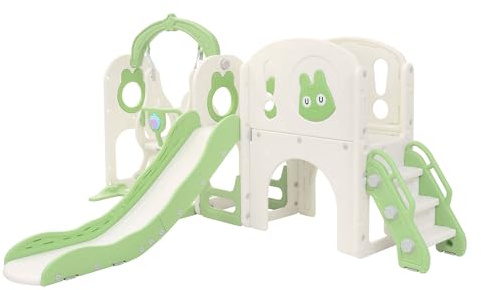 Joyz Scivolo con Tunnel per Bambini 6 in 1, Parco Giochi Interno/Esterno con Altalena, Scala da Arrampicata, Canestro da Basket e Telescopio, Set da Gioco con Scivolo Verde Chiaro, da 3 Anni