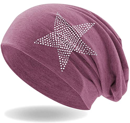 Hatstar Strass Stern Damen Beanie Mütze | elastisches Slouch Long Beanie | Mädchen Mütze | mit edler Strass Applikation | leicht und weich