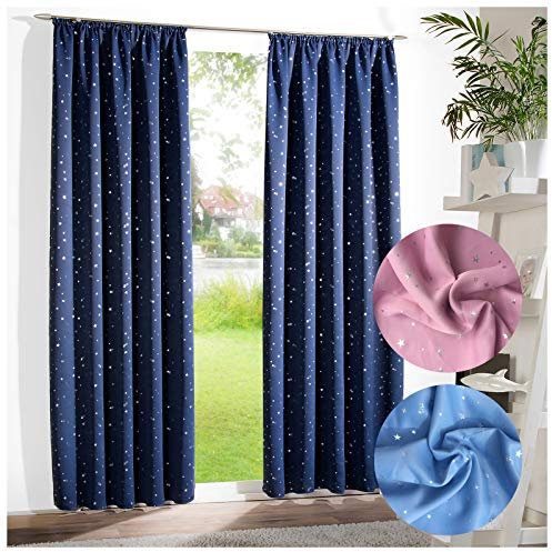 heimtexland ® Verdunklungsgardine Kindergardine Sterne Vorhang Sterne Silber Dunkelblau Kräuselband 245x135 Typ639