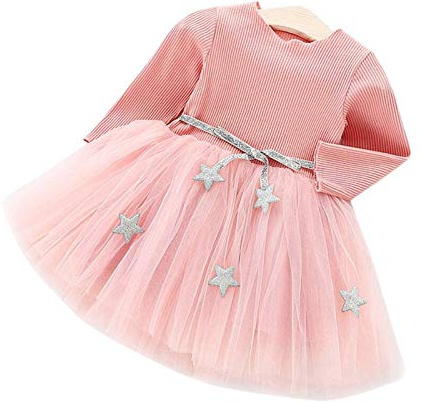 Vestido de tutú de Punto con Mangas largas para bebés Vestido de Tul con Princesa Infantil y Falda con Mezcla de algodón con Cintura de Estrellas para niños(90-Rosado)