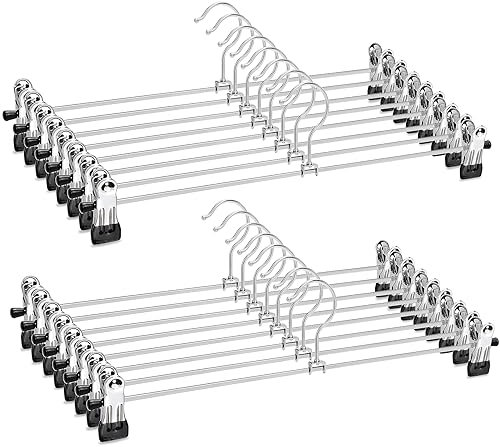 Amber Home 20 Stück 40cm Chrom Eisen Kleiderbügel, Silber Metall Hosenbügel Aufhänger für Hosen Shorts Rock Socken Unterwäsche, mit rutschfest Clips