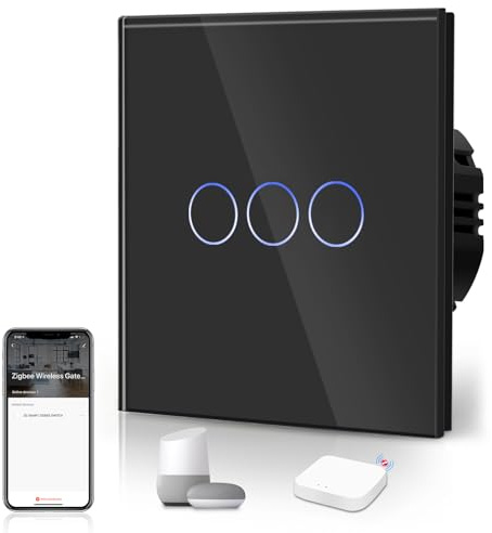 BSEED Smart ZigBee Schalter Unterputz Lichtschalter WiFi Berührungssensor Glas 2.4GHz Single Live Wandschalter (Hub Erforderlich) Kompatibel mit Alexa/Google Home/Tuya/Smart Life 3 Fach 1 Weg Schwarz