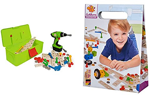 Eichhorn 100039079 Constructor Werkzeugbox, inkl. kompakt Schrauber, Erweiterungsteile, 70 teilig & 100039024 - Constructor Tuning Set, 75-tlg., Holz-Konstruktions-Set, Buchenholz