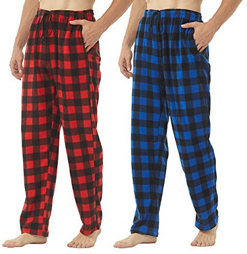 YUSHOW 2er Pack Pyjamahose Herren Lang Fleece Karierter Schlafanzughose Winter Warme Bequeme Schlafhose Pyjama/Lounge Bottoms mit Tachen