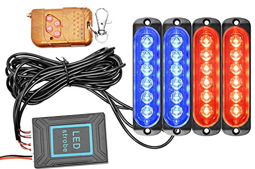 RIGIDON 4 en un lumière stroboscopique, barre lumineuse d'avertissement | 12V 24V, rouge bleu, balise clignotante de sécurité, pour offroad véhicule voiture utilitaire, bateau, remorque, caravane