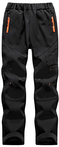 SEAUR Kids Hiking Trousers Waterproof Winter Trousers with Zip-up Side Pockets Windproof Cargo Pants for Running Climbing Ski Black 9-10 Years (L)