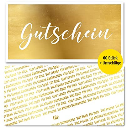Frank Paperman® | 60+60 Geschenk Gutschein blanko mit Umschlag für Kunden mit funkelnder Goldprägung | Gutscheine zum selber Ausfüllen | Gutschein Vordruck im Format DIN Lang Plus