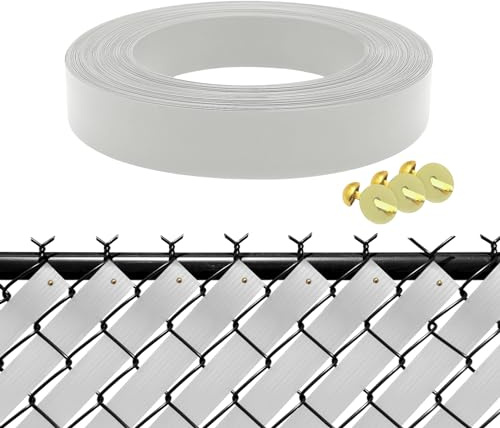 HTTMT- White Chain Link Fence Privacy Slats Tape w/Brass Fasteners, White, 1.8 in x 250 ft