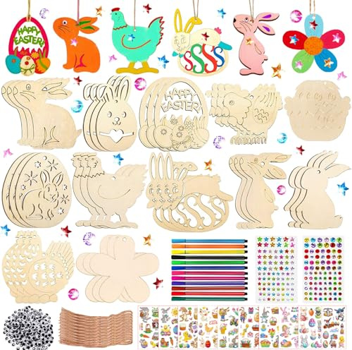 324 Stück Ostern Bastelset Kinder, Holzanhänger Ostern zum Bemalen, Ostern Anhänger Holz, Ostern Basteln Kinder, Ostern Holz Bemalen, mit Aquarellstift, Strass, Auge, Seil, Aufkleber