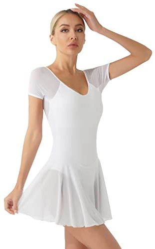 Kaerm Robe Danse Femme Justaucorps Danse Classique Ballet Leotard Gymnastique Patinage Manche Courtes Dancewear pour S-XXL Blanc S