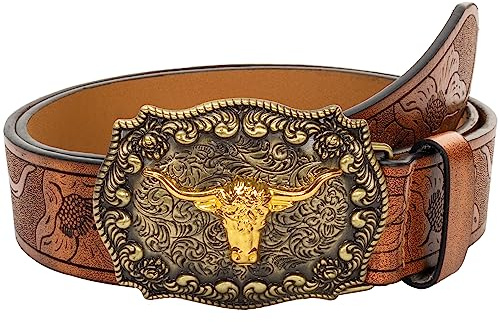 INOGIH Western Cowboy Leder mit Stier Muster Schnalle Gürtel Vintage Taillengürtel für Damen und Herren, Braun, 47''Length Suit for Waist 36''-41''